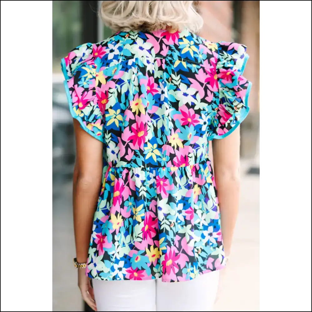 Blue Floral Flutter Sleeve Plus Size Blouse: Bloom Boom! 🌸 - Tops on Sale Worldwide Shipping