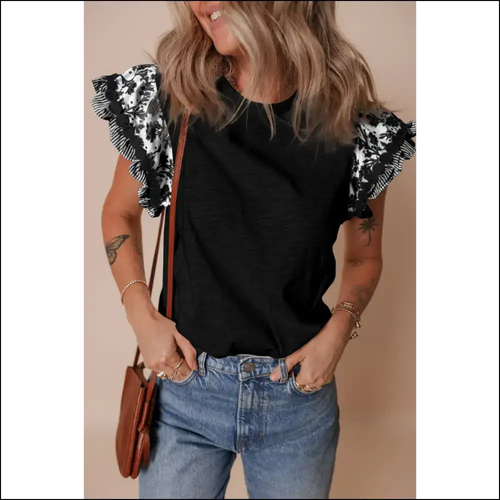 Blue Floral Striped Flutter Sleeve Blouse: Sexy and Comfy! 🌼 Needful Things - Black / s - Blouses on Sale Worldwide Shipping