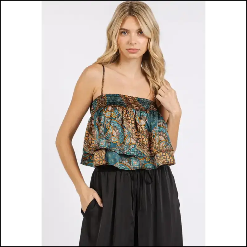 Bohemian Paisley Patchwork Satin Ruffle Crop Cami - Tank Tops on Sale Worldwide Shipping