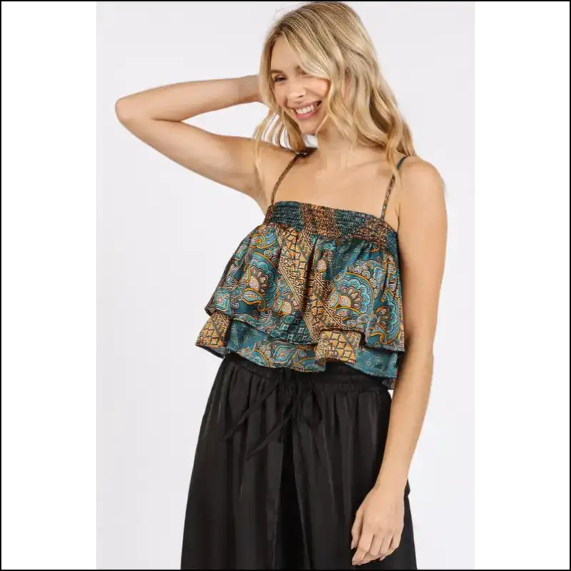 Bohemian Paisley Patchwork Satin Ruffle Crop Cami - Tank Tops on Sale Worldwide Shipping