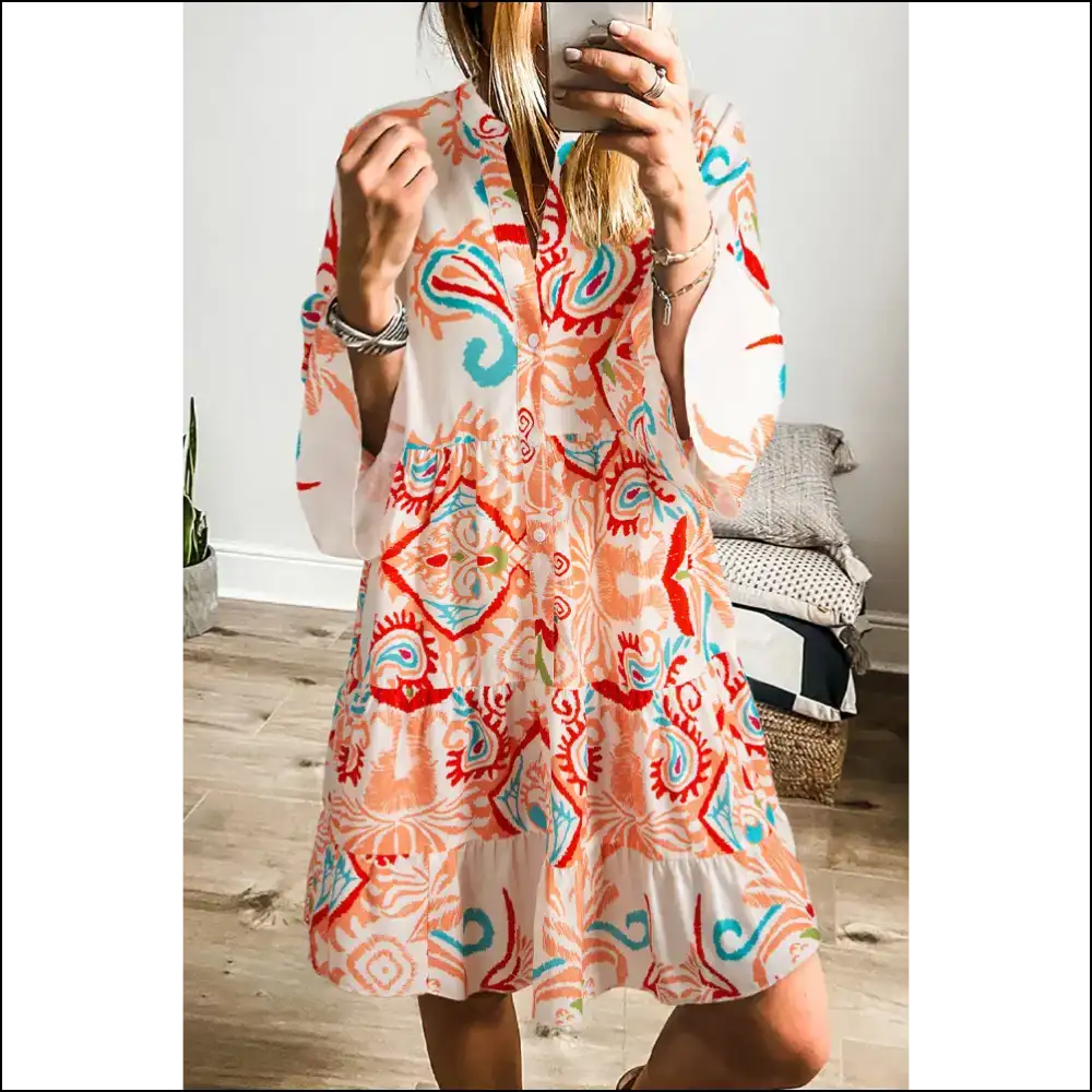 Boho Chic Green Ethnic Print Mini Dress: Dress Like you Own the Joint π Needful Things - Orange / s - Short Dresses on Sale Worldwide