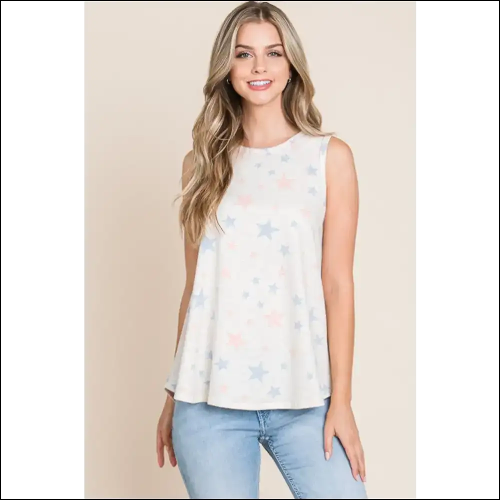 Bombom Star Print Round Neck Tank - Beige / s - Tops on Sale Worldwide Shipping