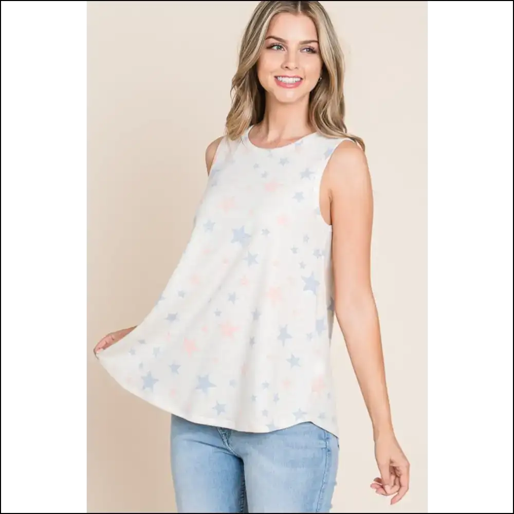 Bombom Star Print Round Neck Tank - Tops on Sale Worldwide Shipping