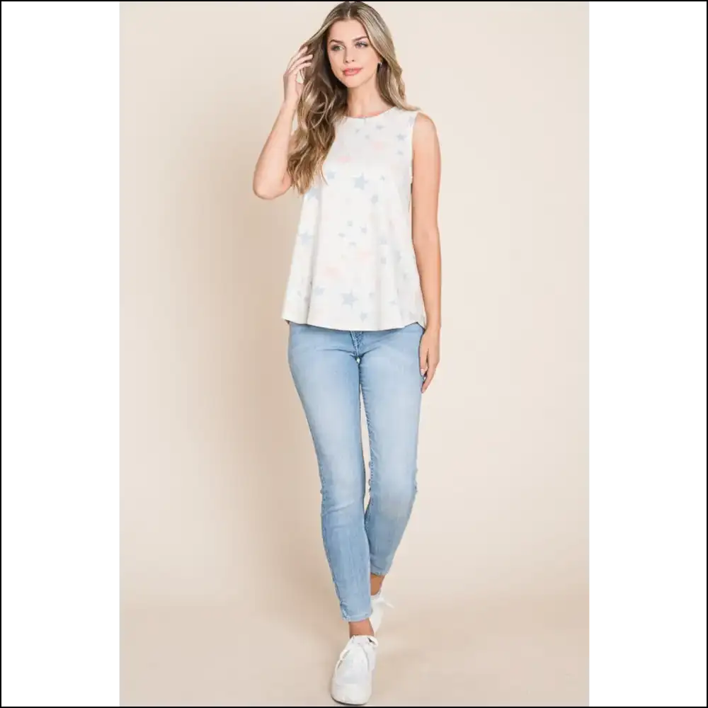 Bombom Star Print Round Neck Tank - Tops on Sale Worldwide Shipping