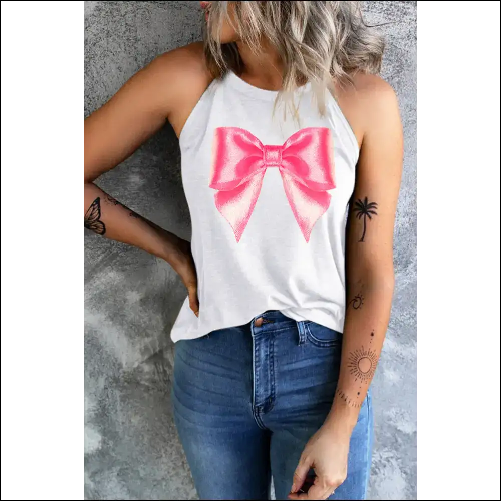 Bow Graphic Grecian Neck Tank - Tops on Sale Worldwide Shipping