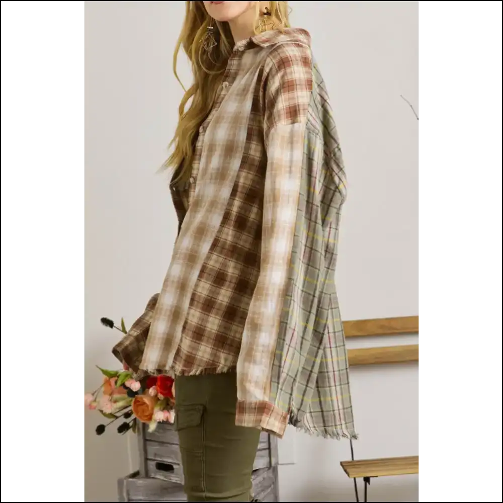 Brown Color Block Flannel Shacket: Chic Cozy-ish - Long Sleeve Tops Shirts & on Sale Worldwide Shipping