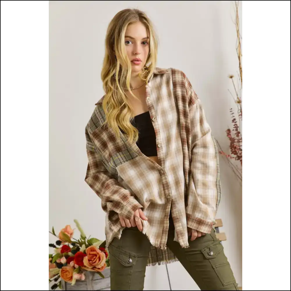 Brown Color Block Flannel Shacket: Chic Cozy-ish - Long Sleeve Tops Shirts & on Sale Worldwide Shipping