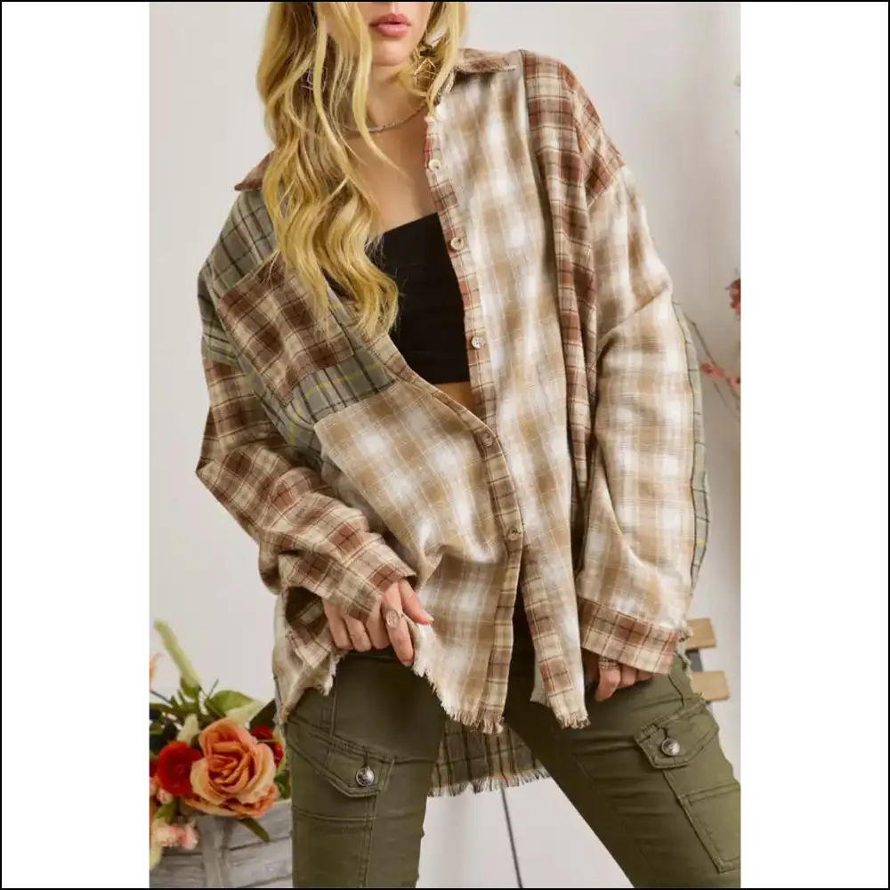 Brown Color Block Flannel Shacket: Chic Cozy-ish - s - Long Sleeve Tops Shirts & on Sale Worldwide Shipping