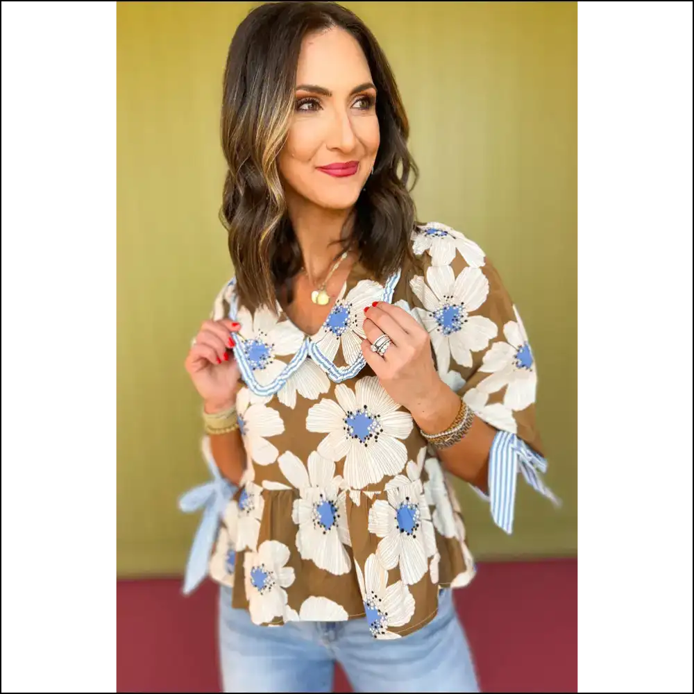 Brown Striped Floral Blouse: Instant Fabulousness! 🌼 Needful Things - Blouses on Sale Worldwide Shipping