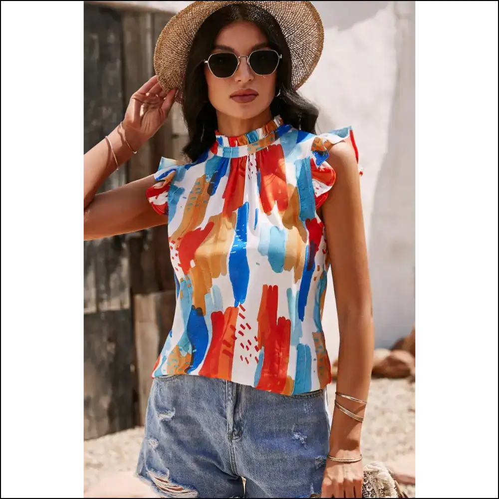 Brush Stroke Ruffle Shoulder Mock Neck Top - Blouses on Sale Worldwide Shipping