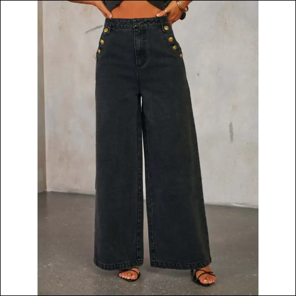 Button Decor High Rise Wide Leg Jeans: Unbutton your Fabulous Side! π - Dark / s - Jeans on Sale Worldwide Shipping