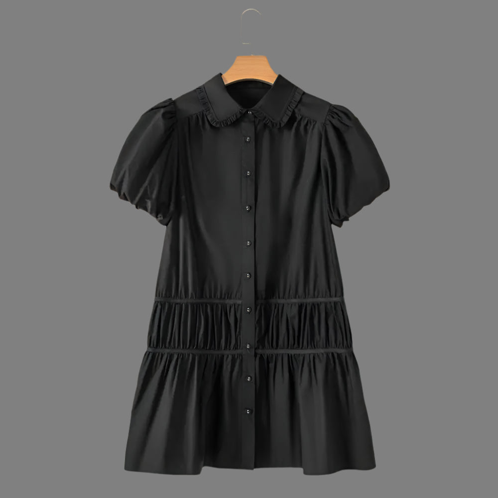 Button Down Puff Sleeve Ruffle Hem Dress - Black / m - Dresses on Sale Worldwide Shipping