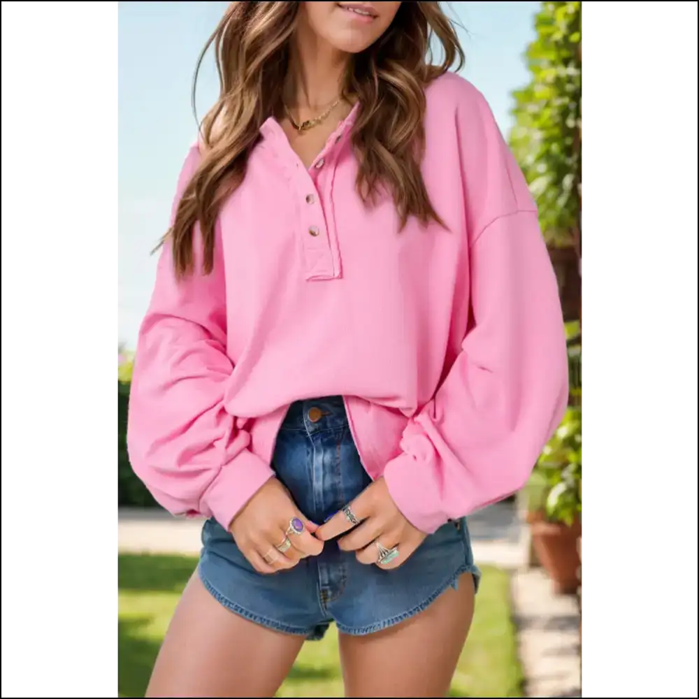 Button Up in Style: Chic Half Long Sleeve Sweatshirt Awaits! 😄 - Pink / Xl - Sweatshirts & Hoodies on Sale Worldwide Shipping