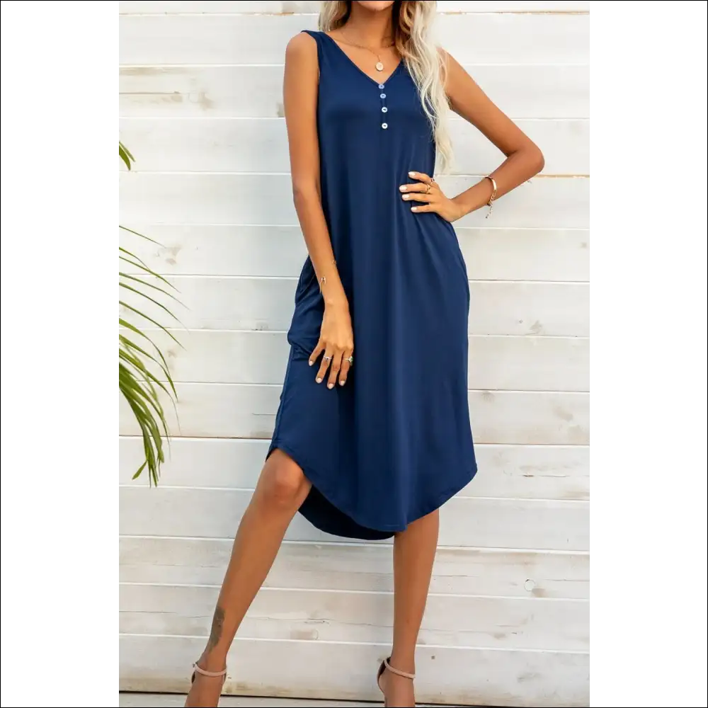 Chic Buttoned V-neck Curved Hem Sleeveless Dress - Dark Blue / 2xl - Dresses on Sale Worldwide Shipping