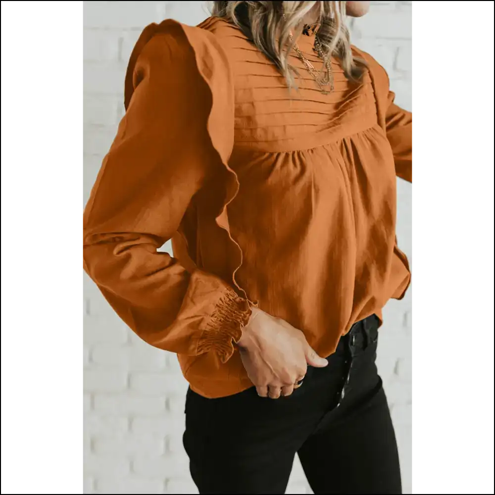Camel Ruffle Long Sleeve Blouse: so Cute it Hurts (needful Things) π - Blouses on Sale Worldwide Shipping