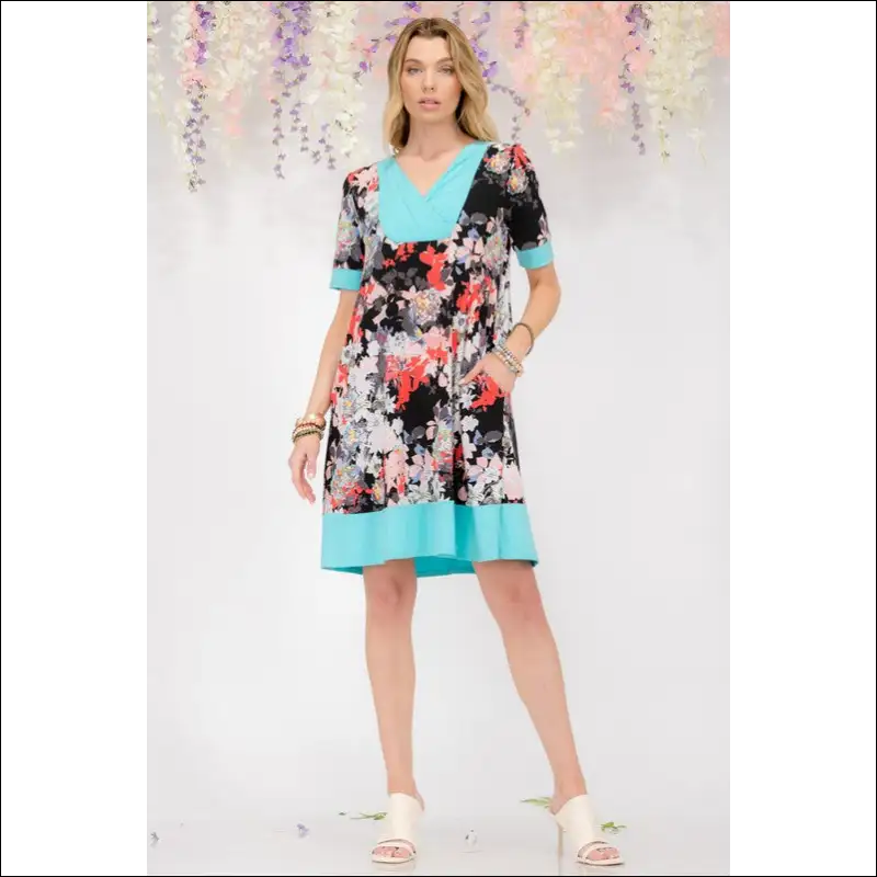 Celeste Floral Surplice Short Sleeve Plus Size Dress - Aqua / s - Dresses on Sale Worldwide Shipping