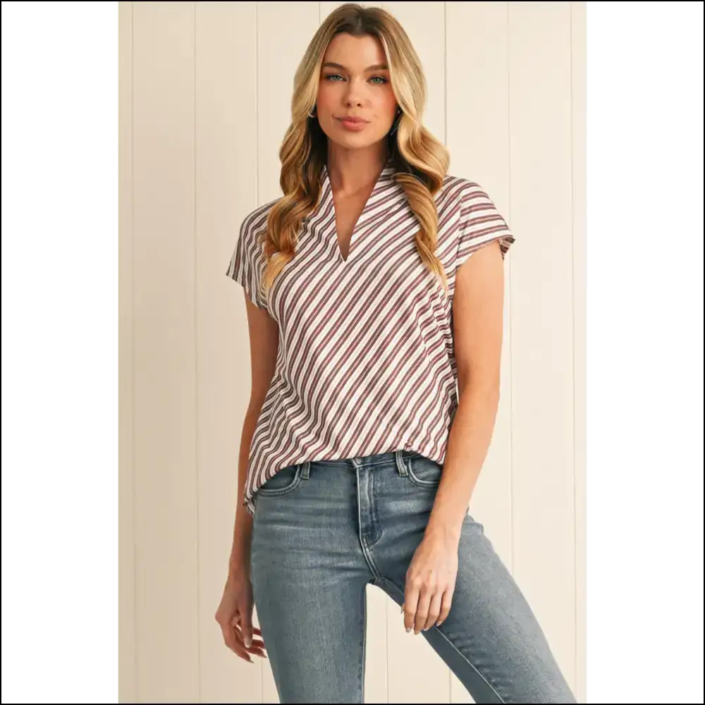 Chestnut Stripe V-neck Cap Sleeve Blouse: Dress Like you Own the Bank 💰 - Blouses on Sale Worldwide Shipping