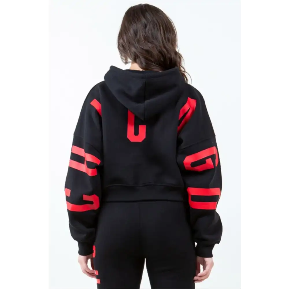Chic American Bazi Letter Graphic Cropped Hoodie - Black / s - Hoodies Sweatshirts & on Sale Worldwide Shipping