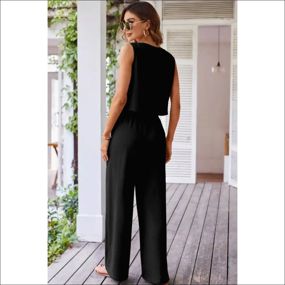 Chic Black Buttoned Vest & Wide Leg Pants Set - Two Piece Sets on Sale Worldwide Shipping