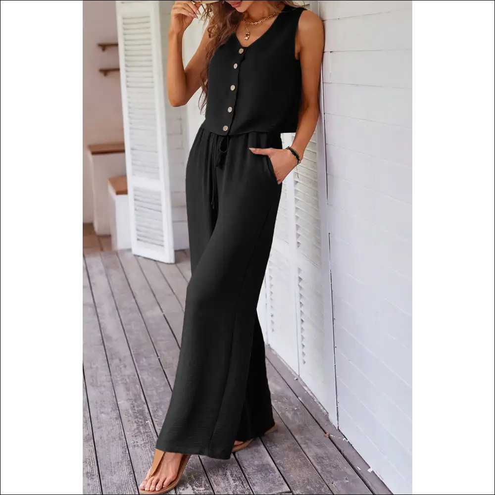 Chic Black Buttoned Vest & Wide Leg Pants Set - s - Two Piece Sets on Sale Worldwide Shipping