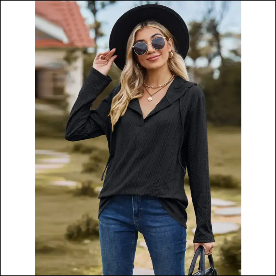 Chic Cable-knit Hooded Blouse - Black / m - Blouses on Sale Worldwide Shipping