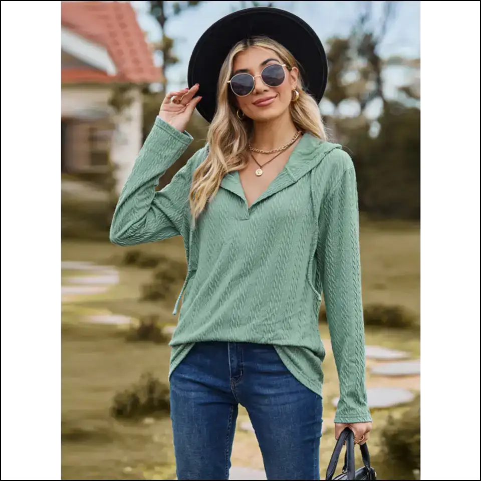 Chic Cable-knit Hooded Blouse - Gum Leaf / l - Blouses on Sale Worldwide Shipping