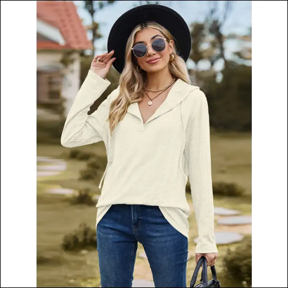 Chic Cable-knit Hooded Blouse - Ivory / s - Blouses on Sale Worldwide Shipping