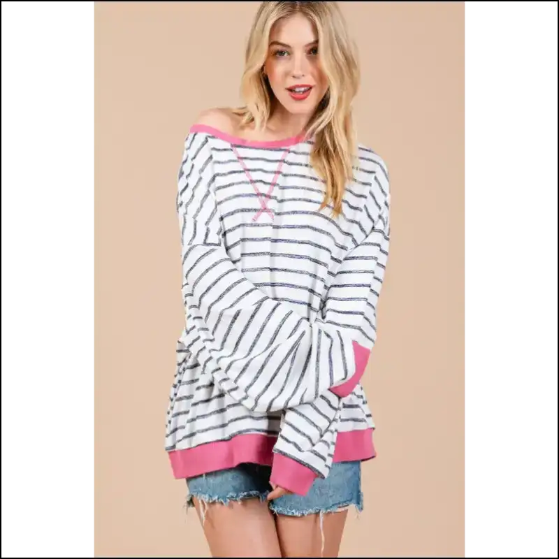 Chic Ces Femme Striped Drop Shoulder Sweatshirt - Sweatshirts & Hoodies on Sale Worldwide Shipping