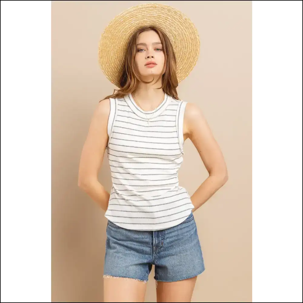 Chic Ces Femme Striped Round Neck Tank - Ivory / s - Tops on Sale Worldwide Shipping
