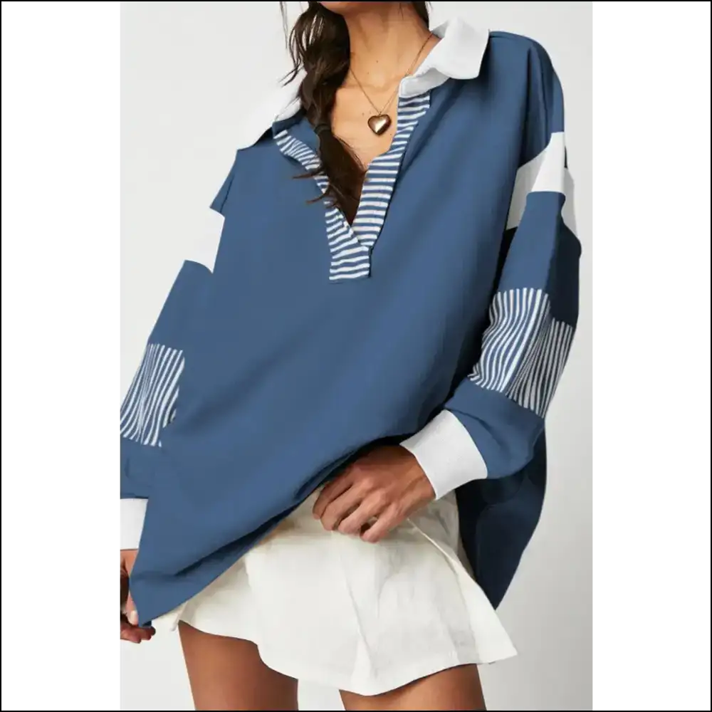 Chic Collared Neck Long Sleeve Sweatshirt - French Blue / s - Sweatshirts & Hoodies on Sale Worldwide Shipping