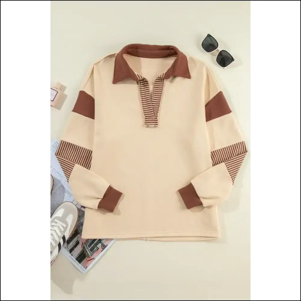 Chic Collared Neck Long Sleeve Sweatshirt - Tan / s - Sweatshirts & Hoodies on Sale Worldwide Shipping