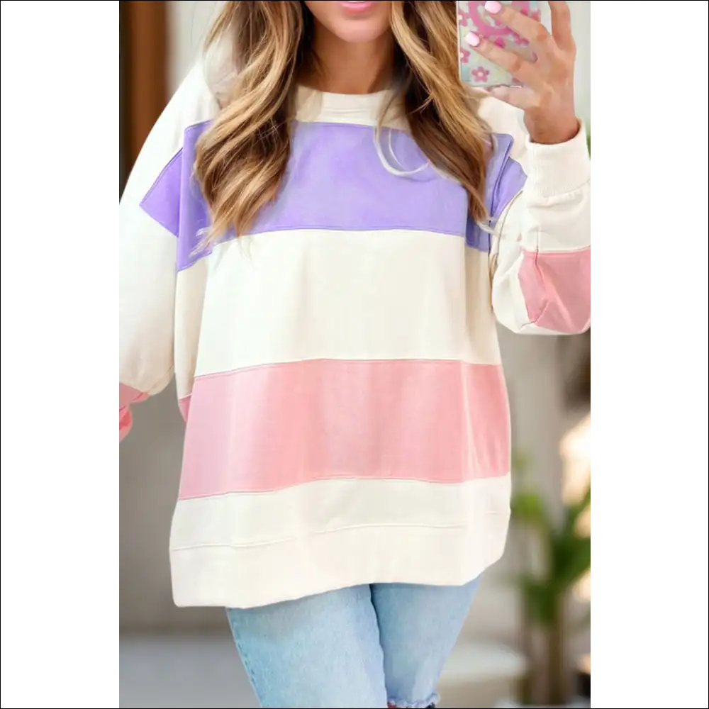 Chic Color Block Round Neck Long Sleeve Sweatshirt - White / s - Sweatshirts & Hoodies on Sale Worldwide Shipping