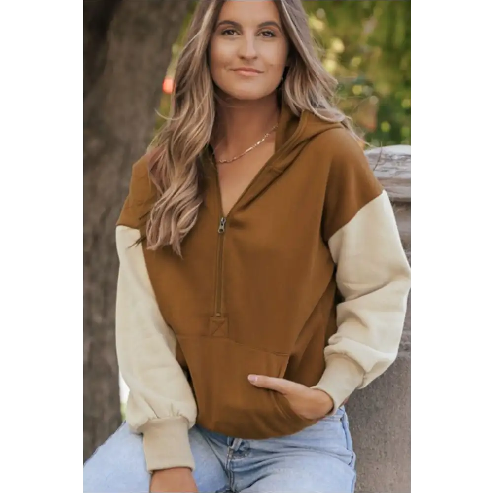 Chic Contrast Half Zip Long Sleeve Hoodie - Hoodies Sweatshirts & on Sale Worldwide Shipping