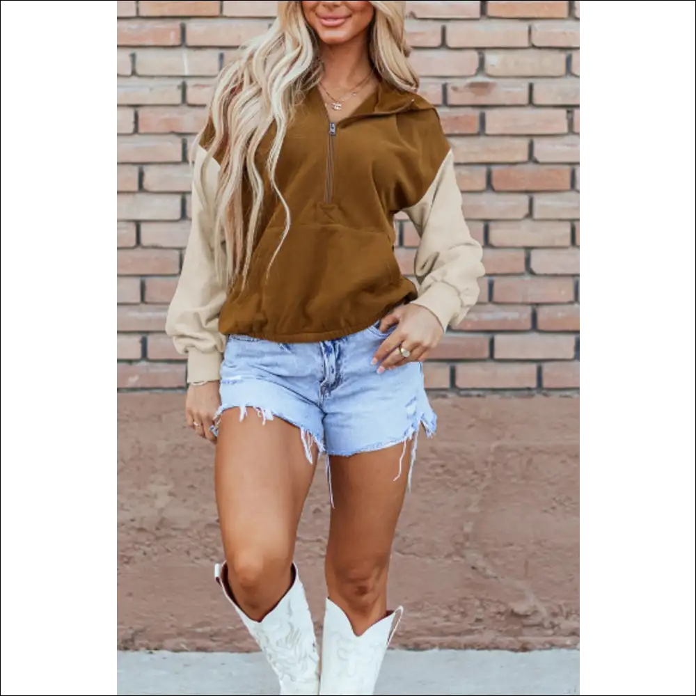Chic Contrast Half Zip Long Sleeve Hoodie - Hoodies Sweatshirts & on Sale Worldwide Shipping