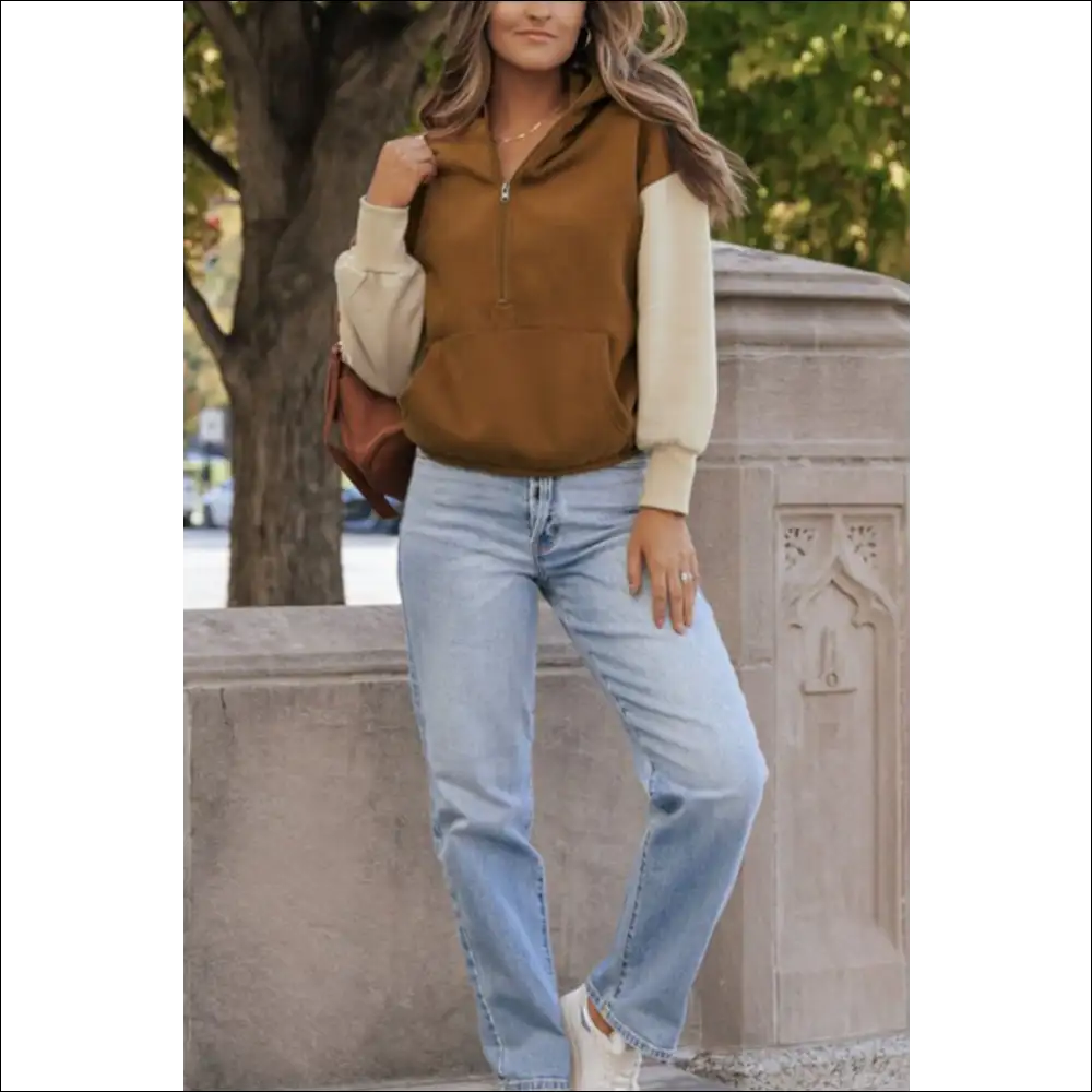 Chic Contrast Half Zip Long Sleeve Hoodie - Hoodies Sweatshirts & on Sale Worldwide Shipping