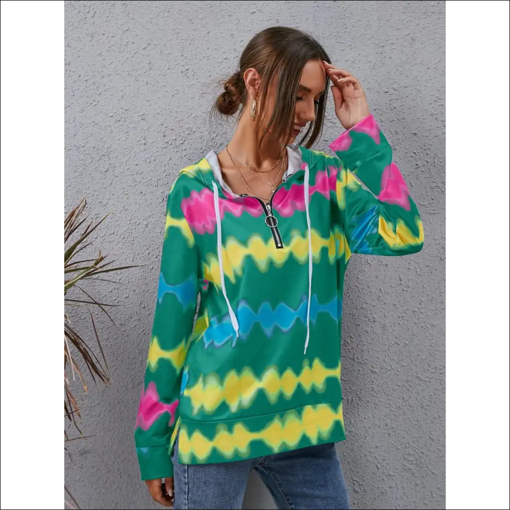 Chic Contrast Quarter Zip Dropped Shoulder Hoodie - Green / s - Sweatshirts & Hoodies on Sale Worldwide Shipping