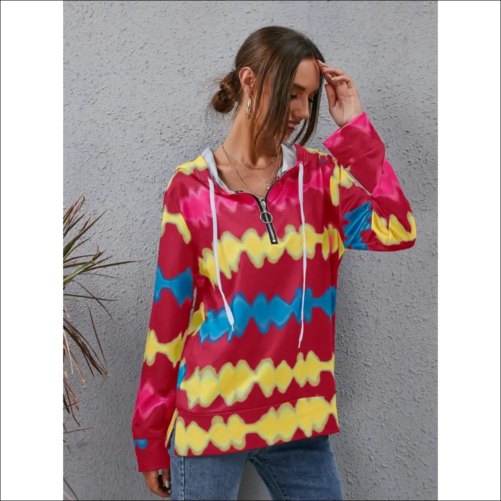Chic Contrast Quarter Zip Dropped Shoulder Hoodie - Red Dahlia / s - Sweatshirts & Hoodies on Sale Worldwide Shipping