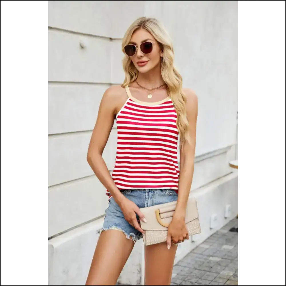 Chic Contrast Striped Round Neck Cami - Red / s - Tank Tops on Sale Worldwide Shipping