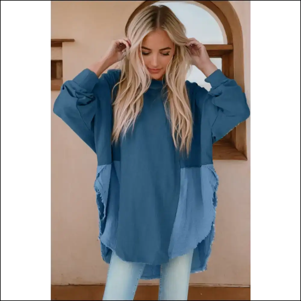 Chic Contrast Texture Long Sleeve Blouse - Peacock Blue / m - Blouses on Sale Worldwide Shipping