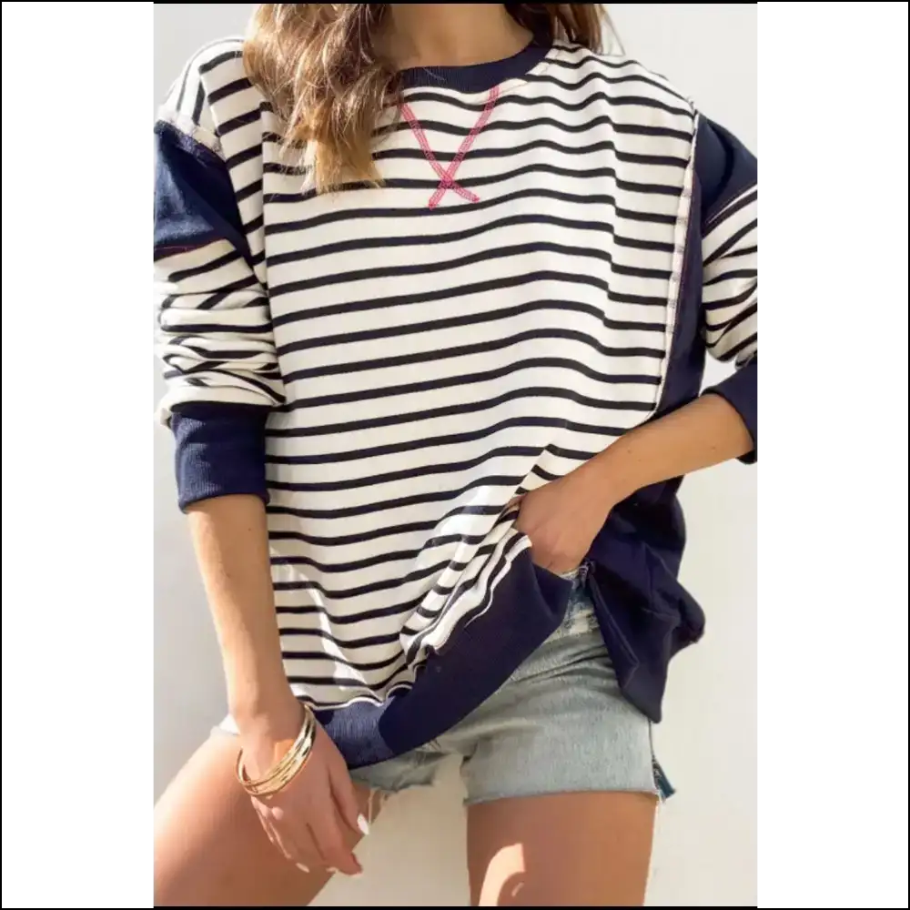 Chic Exposed Seam Striped Long Sleeve Sweatshirt - Dark Navy / s - Sweatshirts & Hoodies on Sale Worldwide Shipping