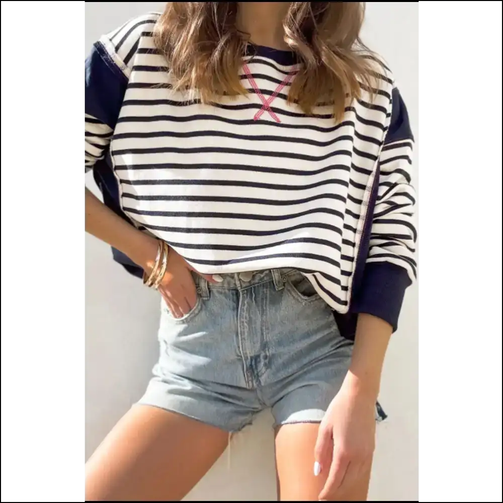 Chic Exposed Seam Striped Long Sleeve Sweatshirt - Sweatshirts & Hoodies on Sale Worldwide Shipping