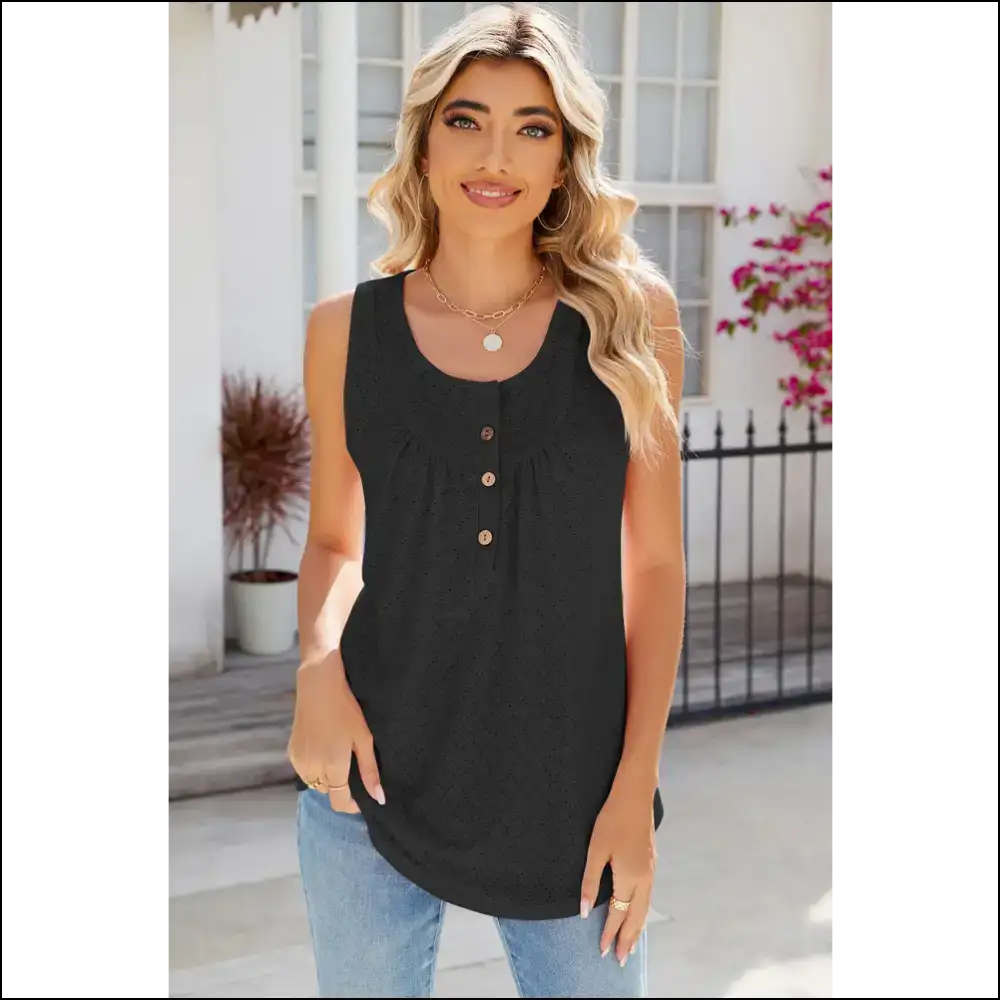 Chic Eyelet Buttoned Round Neck Tank - Black / m - Tops on Sale Worldwide Shipping