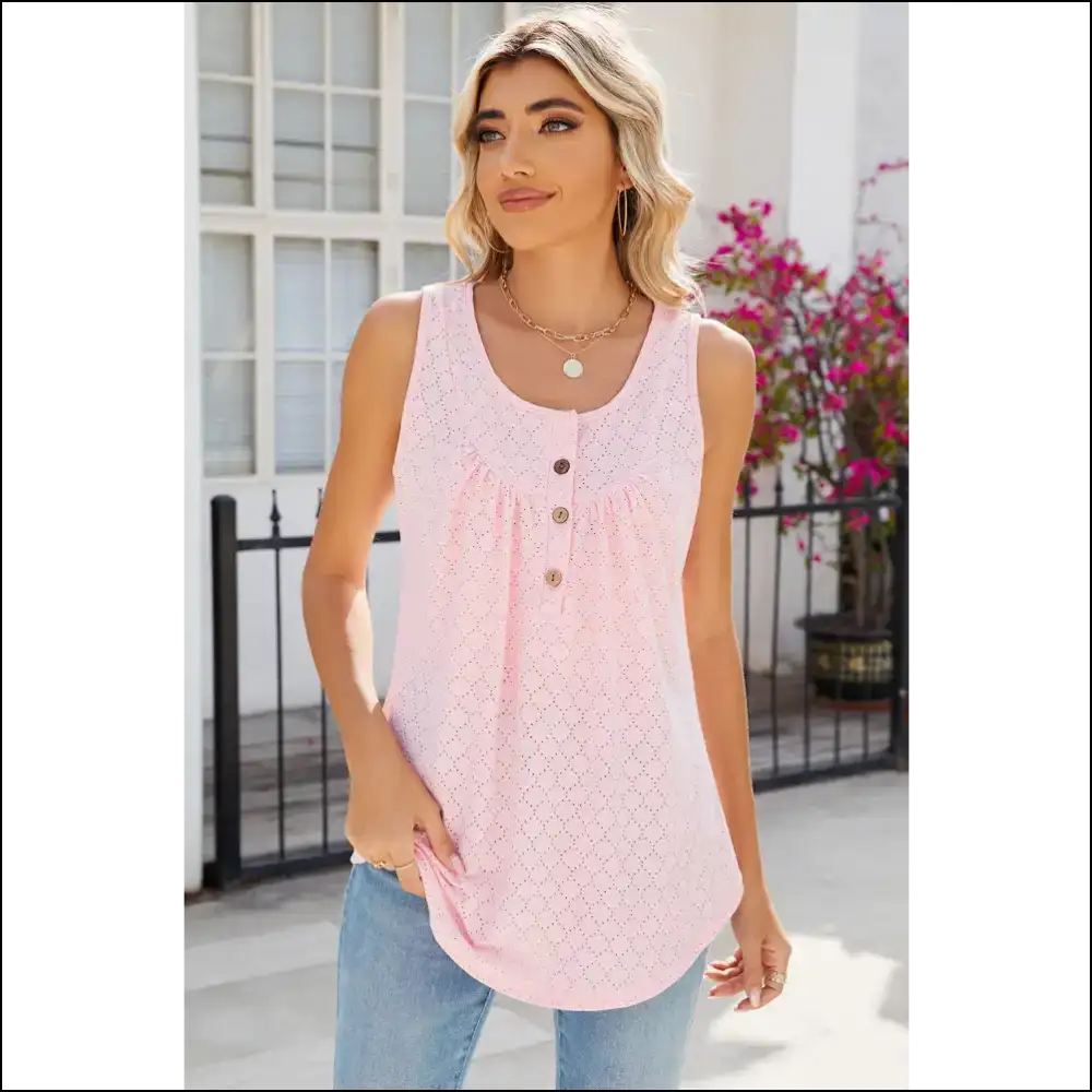 Chic Eyelet Buttoned Round Neck Tank - Blush Pink / s - Tops on Sale Worldwide Shipping