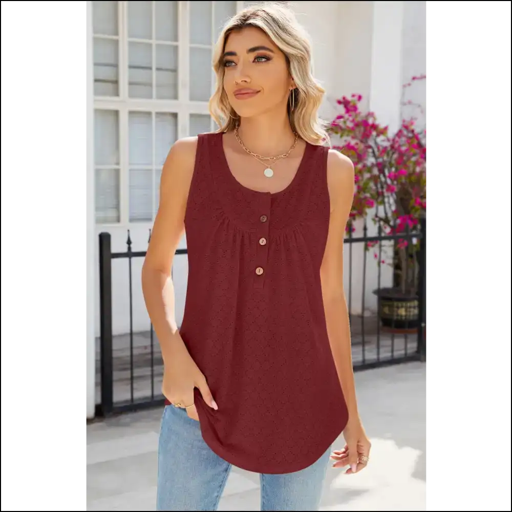 Chic Eyelet Buttoned Round Neck Tank - Dusty Red / m - Tops on Sale Worldwide Shipping