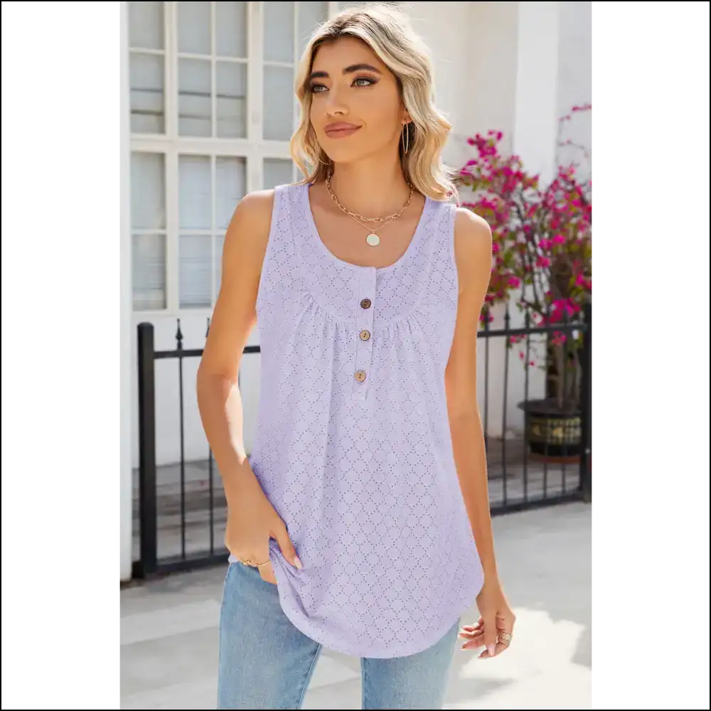 Chic Eyelet Buttoned Round Neck Tank - Heather / s - Tops on Sale Worldwide Shipping