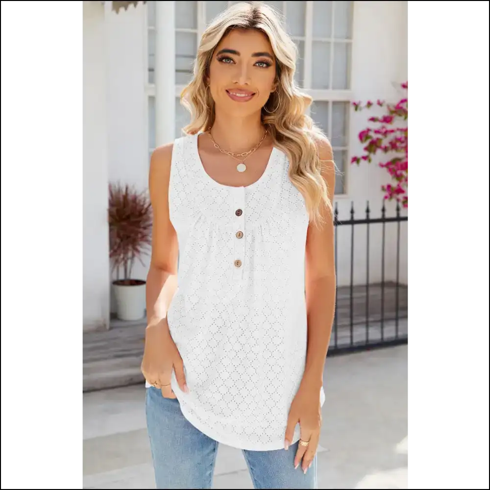 Chic Eyelet Buttoned Round Neck Tank - White / s - Tops on Sale Worldwide Shipping