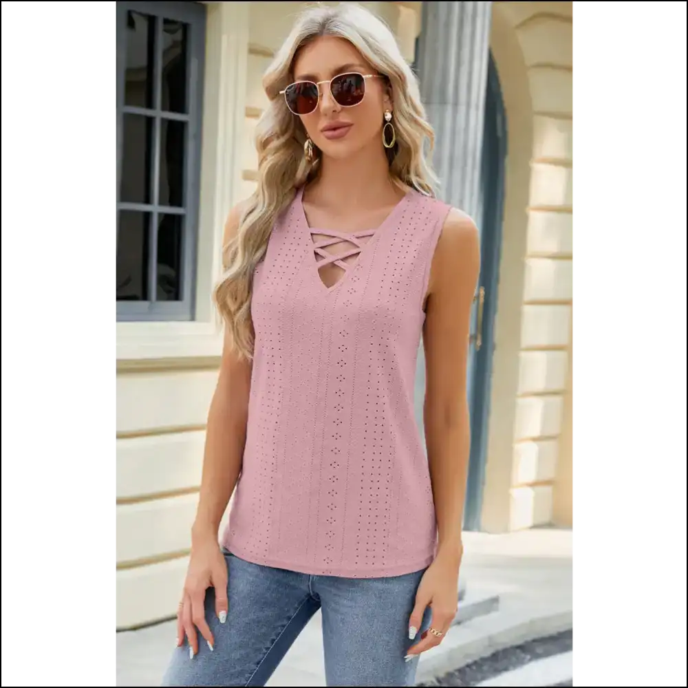 Chic Eyelet Crisscross V-neck Tank Top - Dusty Pink / Xl - Tops on Sale Worldwide Shipping