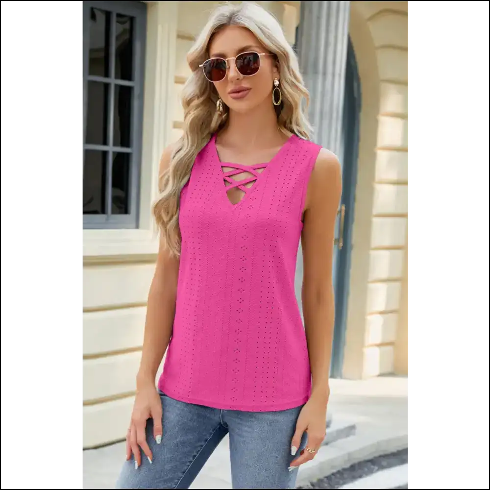 Chic Eyelet Crisscross V-neck Tank Top - Hot Pink / m - Tops on Sale Worldwide Shipping