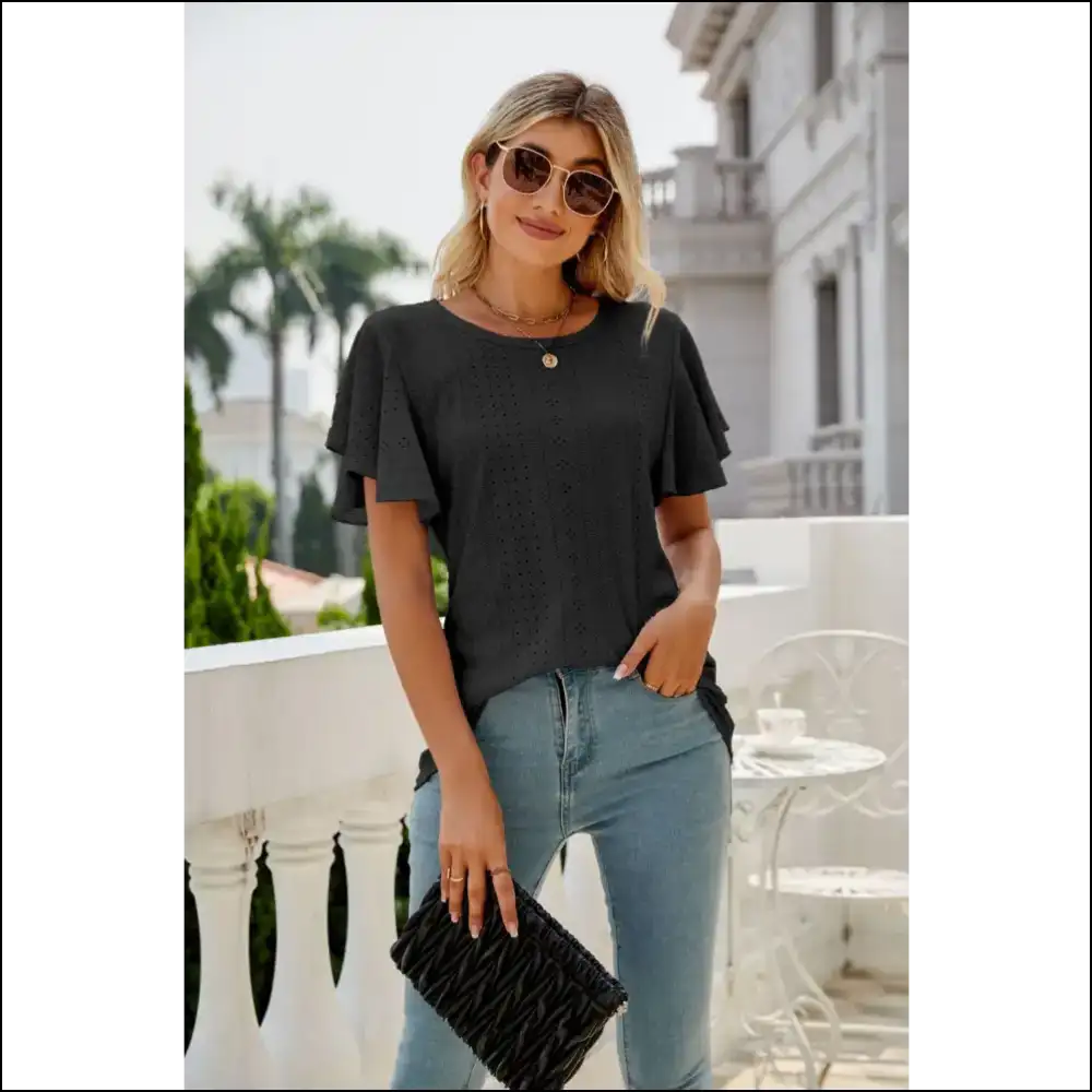 Chic Eyelet Flutter Sleeve Top - Black / l - Blouses on Sale Worldwide Shipping