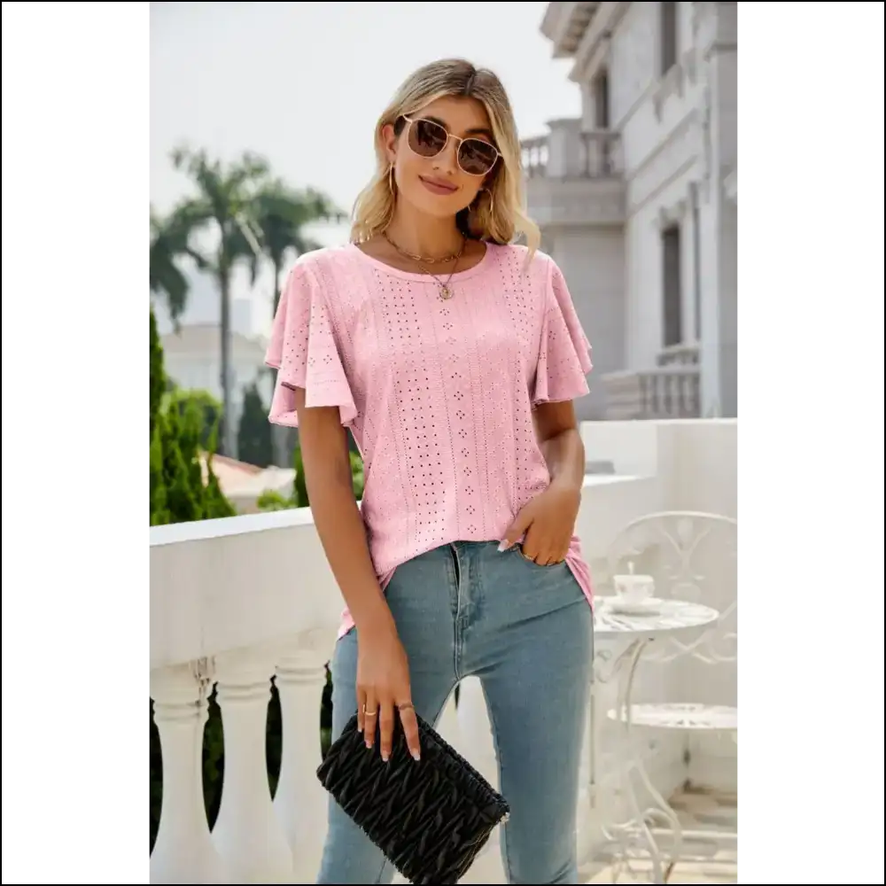 Chic Eyelet Flutter Sleeve Top - Blush Pink / 2xl - Blouses on Sale Worldwide Shipping